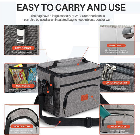 AstroAI Lunch Box Cooler Bag for Men Women,15L(24 Cans)/24L(40 Cans) Leakproof Insulated Lunch Cooler Tote Bag Foldable For Picnic Hiking School Office Travel Beach Shopping