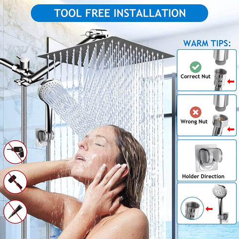 Shower Head Combo,10 Inch High Pressure Rain Shower Head with 11 Inch Adjustable Extension Arm and 5 Settings Handheld Shower Head Combo,Powerful Shower Spray Against Low Pressure Water with Long Hose