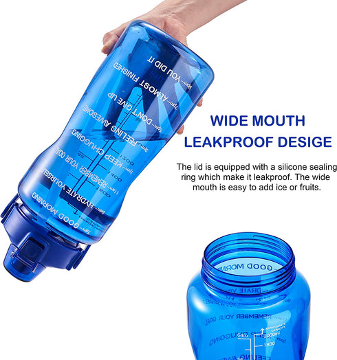 EYQ Half Gallon/64 oz Water Bottle with Time Marker, Carry Strap and Motivational Quote, Leak-Proof Tritan BPA-Free, Ensure You Drink Enough Water for Fitness, Gym, Camp, Outdoor Sports (Clear Blue)