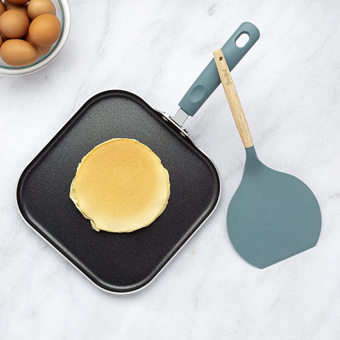 Goodful Aluminum Non-Stick Square Griddle Pan/Flat Grill, Made Without PFOA, with Nylon Pancake Turner, Dishwasher Safe Cookware, 11" x 11", Turquoise