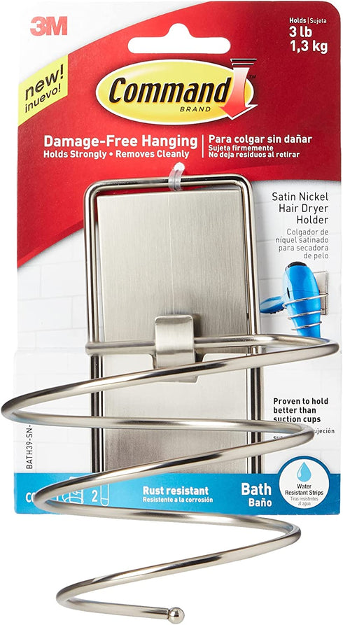 Command Hair Dryer Holder, Satin Nickel, 1-Holder, 2-Water-Resistant Strips, Organize Damage-Free