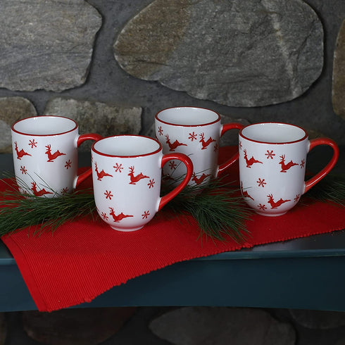 Euro Ceramica Winterfest Collection 4 Piece Mug Set | Festive Ceramic Stoneware Holiday Mugs | 4 Christmas-Themed Cups | Hand-Stamped Holiday Design, Red & White Christmas Patterns,Large,WFT-1001-4-DS
