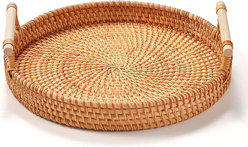 Rattan Basket Trays, Round Wicker Tray with Wooden Handle, Wicker Baskets Tray Rattan Round Handmade, Woven Rattan Serving Boho Tray for Coffee Table Decor (9.4inch / 23.8cm)