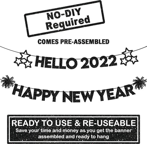 Hello 2022 Happy New Year Banner - NO DIY, Black Glitter | Happy New Year Sign for New Years Eve Party Supplies 2022 | Happy New Year Decorations 2022 | New Years Eve Banner for NYE Decorations 2022