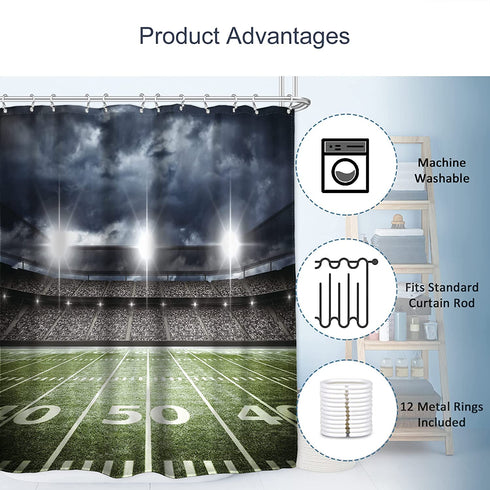 AMBZEK American Football Shower Curtain Boys Sports Bathroom Accessories 60Wx72L Men Masculine Shower Curtain Set Stadium Field Soccer Green Cloth Fabric Bathroom Decor Set with 12 Pack Hooks