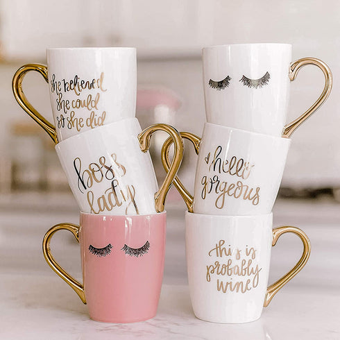 Sweet Water Decor Cute Coffee Mugs with Golden Handle | Girly Make Up & Mascara 16oz China Coffee Cup with Eyelashes | Embellished with Real Gold & Microwave Safe (Pink)