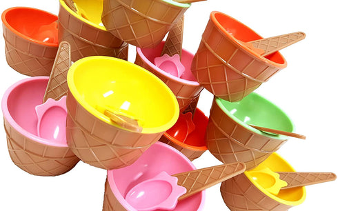 Plastic Ice Cream Cups with Spoons, Festive Dessert Bowls, Assorted Colors (12 Piece Party Pack)