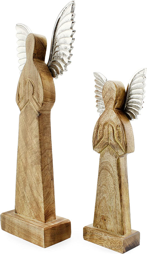 AuldHome Wooden Angel Christmas Statues (Set of 2); Primitive Farmhouse Holiday Decor Wood and Metal Praying Figurines