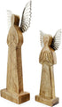AuldHome Wooden Angel Christmas Statues (Set of 2); Primitive Farmhouse Holiday Decor Wood and Metal Praying Figurines