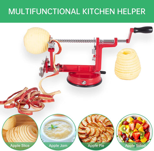 Apple Peeler Slicer Corer Apple Corer and Slicer Stainless Steel Apple Corer Slicer Peeler Fruit Peeler Apple Peelers for Kitchen Durable Alloy Apple Peeler with Powerful Suction Base Red