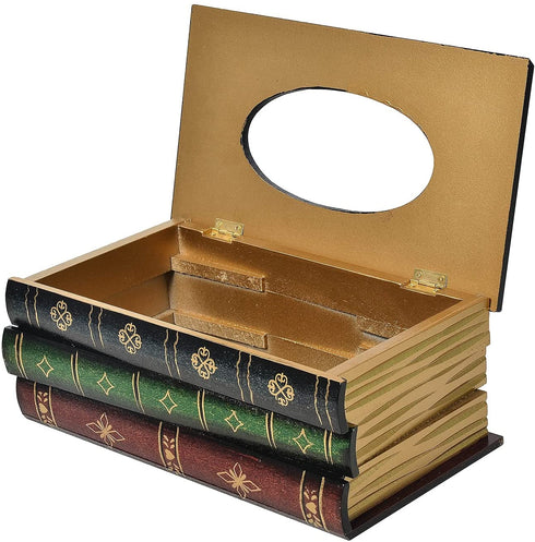 Crafted Classical Retro Wooden Antique Book Tissue Box Cover Rectangular Tissue Holder Dispenser Paper Cover Case Napkin Holder Home Decor for Bathroom Living Room Office car Kitchen (Dark Green)