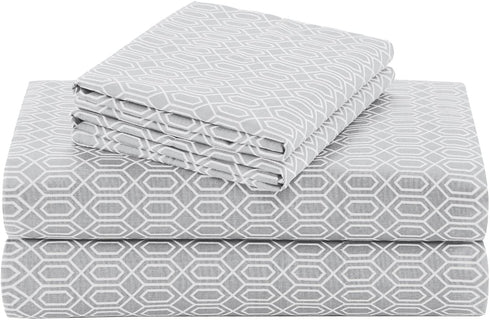 Comfort Spaces 100% Cotton Percale 4 Piece Set Ultra Soft Breathable Deep Pocket Printed Geometric Pattern Sheets with Pillow Cases Bedding, Full, Diamond Tasha Grey
