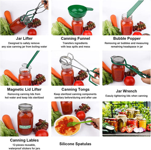 Canning Supplies Starter Kit, 8 Piece Set, Canning Tools and Accessories with Jar Funnel, Jar Lifter, Kitchen Tongs, Magnetic Lid Lifter, Jar Wrench, Silicone Spatulas, Bubble Popper, Label, Green