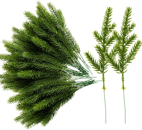 Alpurple 60 Packs Artificial Pine Needles Branches Garland-6.7x2.0 Inch Green Plants Pine Needles,Fake Greenery Pine Picks for DIY Garland Wreath Christmas Embellishing and Home Garden Decoration