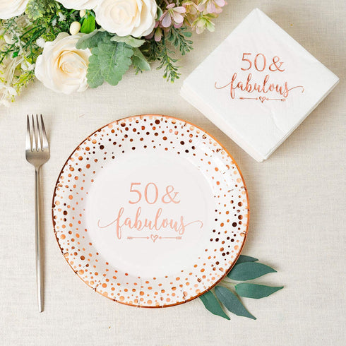 Crisky 50 Fabulous Disposable Plates for Women 50th Birthday Decorations Rose Gold Dessert, Buffet, Cake, Lunch, Dinner Disposable Plates 50th Birthday Party Table Supples, 50 Count, 9 inches