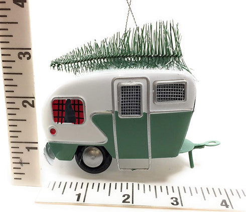 Kurt Adler Red and Green Campers Hauling Trees Tin Christmas Holiday Ornaments Set of 2