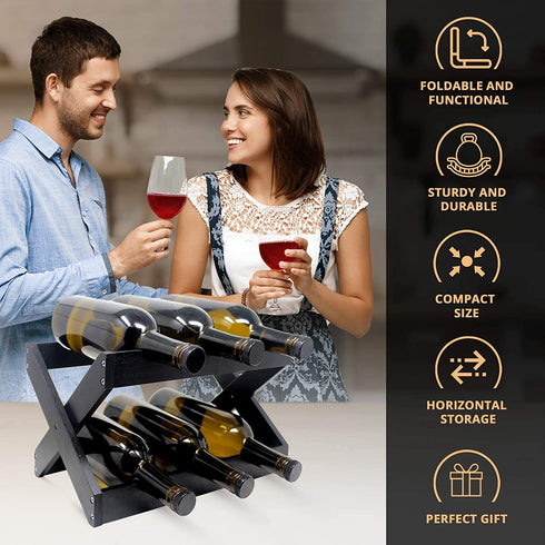 Hivory Wine Rack ~Counter top Wine Racks~ Foldable Wooden Wine Rack ~ Space Saver Wine Bottle Holder ~ Elegant Wine Holder for Kitchen, Bar, Cabinets ~ Holds 6 Bottles (Black, 1)