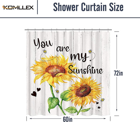 KOMLLEX Rustic Sunflower Shower Curtain 60Wx72H Inches Wooden Board Farmhouse You are My Sunshine Floral Spring Blooming Countryside Fabric Waterproof Polyester 12 Pack Plastic Hooks