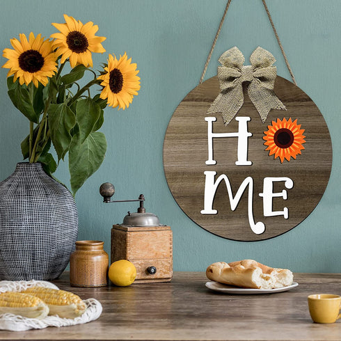 Jetec Home Interchangeable Welcome Sign, Seasonal Front Door Decor with 16 Changeable Ornament, Rustic Wood Round Wall Hanging Sign for Valentines Easter Independence Day Holiday Porch