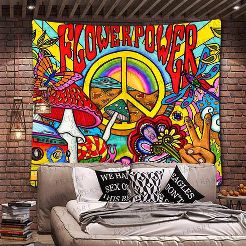 FEASRT Hippie Groovy Tapestry Peace and Love Trippy Tapestries Art Wall Hanging for Living Room Bedroom Home Dorm Decor 60×60 Inches GTZYAY315