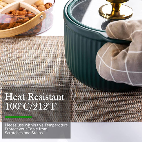 HGMO Placemats, Set of 8 Heat Resistant Stain Resistant Anti-Water Non-Slip Placemats for Dining Table, Washable Durable PVC Place Mats Weave Vinyl Table Mats(Caramel)
