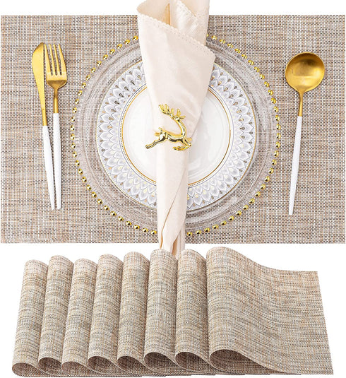 HGMO Placemats, Set of 8 Heat Resistant Stain Resistant Anti-Water Non-Slip Placemats for Dining Table, Washable Durable PVC Place Mats Weave Vinyl Table Mats(Caramel)