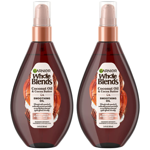 Garnier Hair Care Whole Blends Smoothing Oil with Coconut Oil & Cocoa Butter Extracts, Hair Treatment to Fight Frizz for Soft, Smooth, Shiny Hair 3.4 Fl Oz (2 Count)