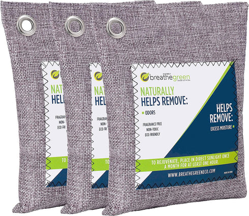 Breathe Green Bamboo Charcoal Odor Eliminator Bag (3 Bags), Activated Charcoal Odor Absorber, Natural Freshener Removes Odors and Moisture, Odor Eliminator for Home, Pets, Car, Closet, Basement, RV