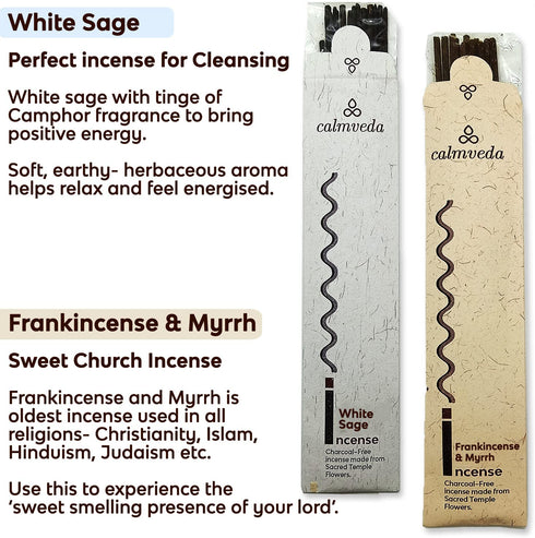 Natural Incense Sticks Variety Pack - (4 Scents, 48 Sticks) Charcoal-Free, Made from Upcycled Flowers | White Sage Incense, Frankincense Incense, Rose Incense & Sandalwood inscents Sticks
