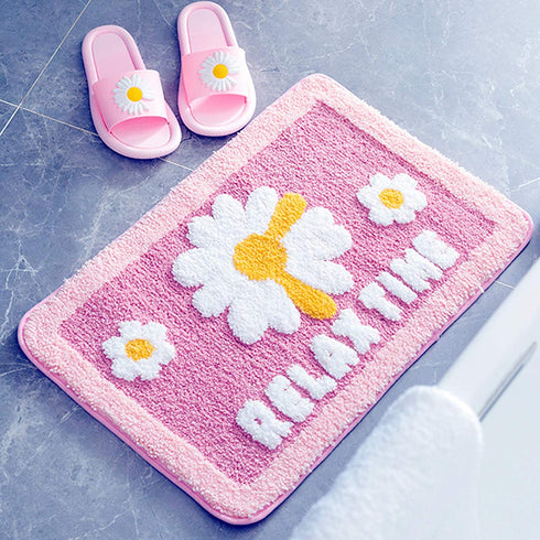 Cute Bathroom Rugs mats,Non-Slip Extra Soft Microfiber Doormat Washable Water Absorbent Shower Toilet Bath Rugs mats Set for Bathroom,Kids,Indoor Kitchen Door Mat -Daisy Flower 40x60cm (Pink)