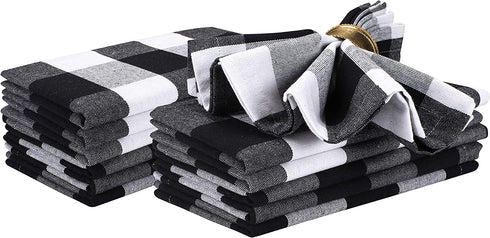 Gingham Buffalo Check Cloth Dinner Napkins Set of 12, 100% Cotton Checkered Wedding Dinner Napkins with Mitered Corners and Generous Hem - 18 x 18 Black White