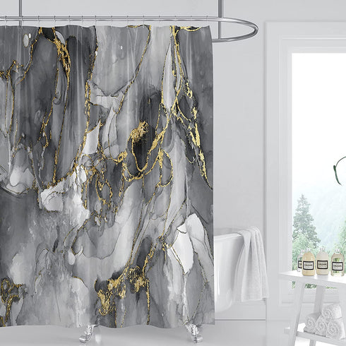 DOMOKU Marble Shower Curtain Black Grey Gold Luxurious Golden Cracked Lines Abstract Pattern Texture Modern Marble Shower Curtain Painting with 12Hooks 72x72Inch