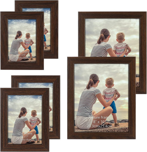 CRUGLA Gallery Frame Set of 6 for Wall Decor Tabletop Vertical Horizontal Display, Assorted Collage Photo Frames, Two 4x6 Picture Frames, Two 5x7 Picture Frames, Two 8x10 Picture Frames, Brown