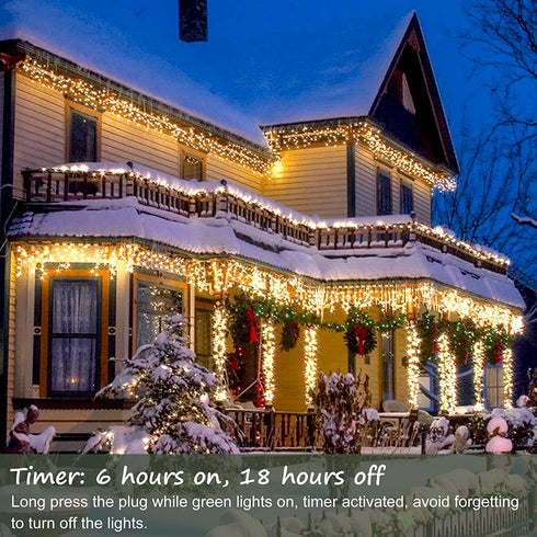 Christmas Lights Outdoor Decorations Iciclelights 39ft 450 LED Dripping Twinkle Ice String Light, 8 Modes Plug in Waterproof Fairy Curtain Lights for House Holiday Patio Yard Party Decor(Warm White)