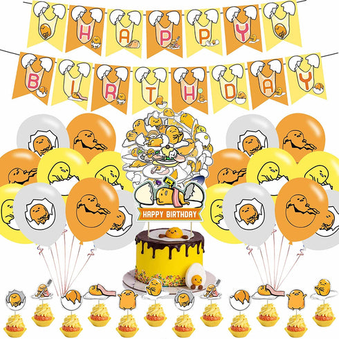 82 Pieces Lazy egg Party Supplies, Gudetama Themed Birthday Party Decoration included Banner, Latex Balloon, Cake Topper, Cupcake Toppers, 50pcs Stickers for Lazy egg Party Decoration.