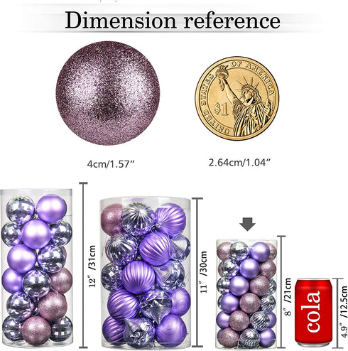 QinYing 4cm Light Purple 41pcs Shatterproof Christmas Tree Hanging Balls Christmas Balls Ornaments for Holiday Party Baubles Decoration Set with Hang Rope