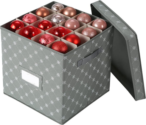 Christmas Ornament Storage Box - Holding 64 Christmas Ornaments, Holiday Ornaments Storage with Dividers, Ornament Storage Bins with Lid (Gray)