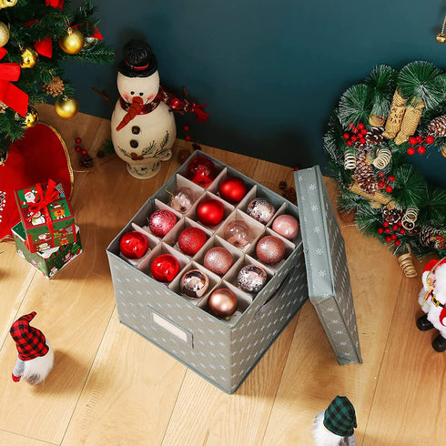 Christmas Ornament Storage Box - Holding 64 Christmas Ornaments, Holiday Ornaments Storage with Dividers, Ornament Storage Bins with Lid (Gray)