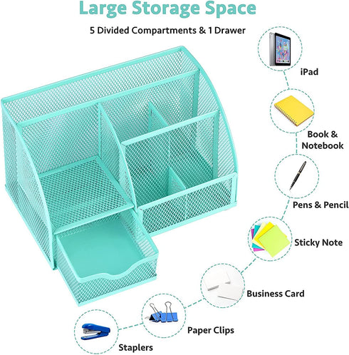 Green Desk Organizer for Women, Mesh Office Supplies Cute Stationary Organization Office Accessories Essentials Caddy with Drawer for Home & Office Desktop & Decor& Kitchen