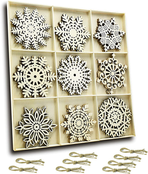 YuQi Set of 27 Hanging Wood Snowflakes Ornaments,Christmas Snowflake Decoration,Unfinished Wooden Snowflakes Large for Crafts Winter Wedding Decor Xmas Ornament