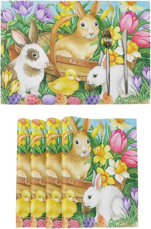Spring Easter Placemats Set of 4 for Dining Table Egg Bunny Rabbit Tulips Washable Woven Vinyl Placemat Non-Slip Heat Resistant Kitchen Table Mats Easy to Clean