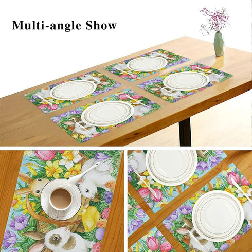 Spring Easter Placemats Set of 4 for Dining Table Egg Bunny Rabbit Tulips Washable Woven Vinyl Placemat Non-Slip Heat Resistant Kitchen Table Mats Easy to Clean