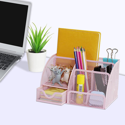 Desk Organizer Office Accessories, Multi-Functional Mesh Desk Organizer with 6 Compartments and 1 Drawer for Home, Office, School, Workshop, kitchen (Pink)