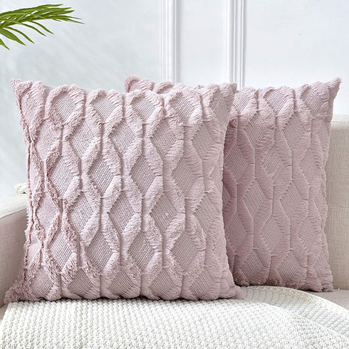 LHKIS Throw Pillow Covers 18x18, Pink Decorative Boho Pillow Case Cushion Cover with Velvet Luxury Soft Plush Short Wool for Couch Sofa Bedroom Car, Set of 2