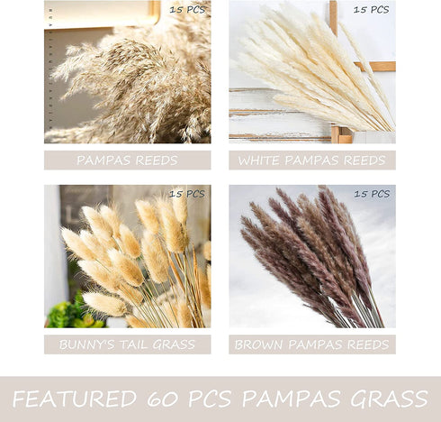 Dried Pampas Grass Decor Vase Home Design Arrangements,Natural Pompous Grass Plants Fluffy Artificial Faux Reed Flower Stems Bunch for Wedding Door Wreath Boho Living Room Decoration (60PCS)