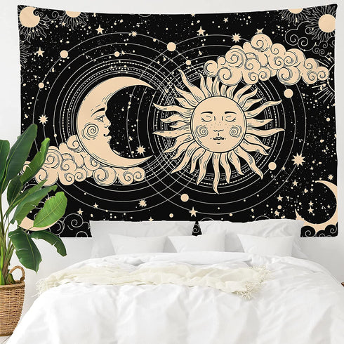 Sun and Moon Tapestry Aesthetic Sun Moon Tapestry Black Dark Spiritual Tapestries Wall Hanging Room Decor for Bedroom, Livingroom(59"x82", Moon and Sun)