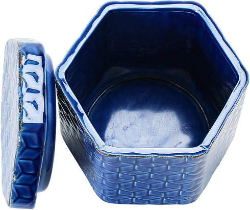 Creative Co-Op Debossed Decorative Stoneware Lid & Pattern, Distressed Crackle Glaze, Blue Jar