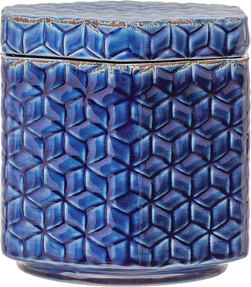 Creative Co-Op Debossed Decorative Stoneware Lid & Pattern, Distressed Crackle Glaze, Blue Jar