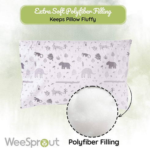 WeeSprout Mini Toddler Pillow for Kids Sleeping - Organic Cotton Shell & Pillowcase with Soft & Supportive Polyfiber Filling Good for Travel, Machine Washable, 18 x 13 x 3, Safari