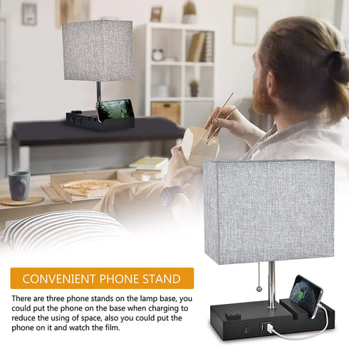 Table Lamp with USB Port, Bedside lamp for Bedroom Warm White Bulb Winshine 3 Phone Stands Grey Shade Modern Lamp with Dual USB Port, AC Outlet, Pull Chain Switch Ideal for Desk, Bedroom, Nightstand